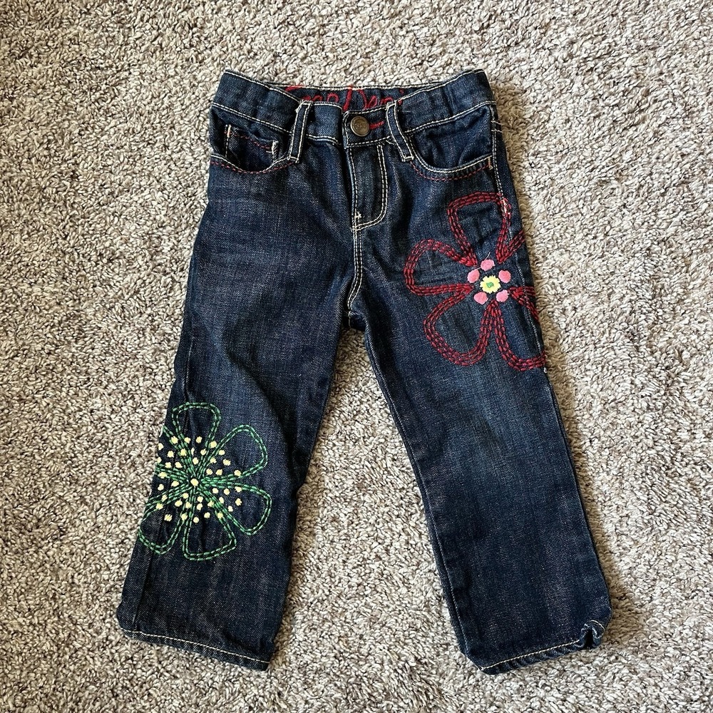 Gap Denim Jeans Girls 2T Flower Embroidered Adjustable Waist‎
